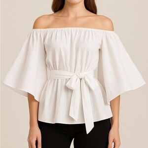 Tanya Taylor white off shoulder belted flare sleeve blouse